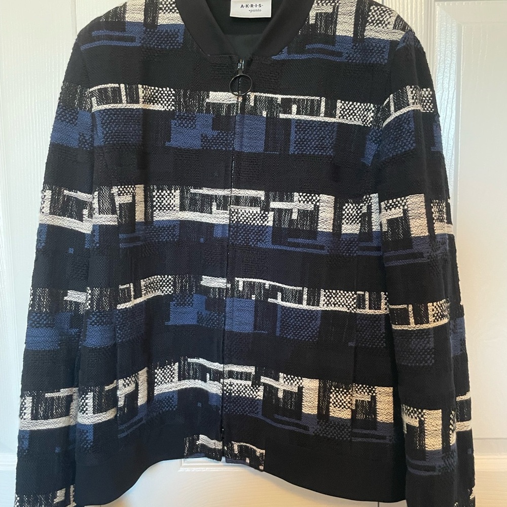 Akris Punto Black and Blue Patterned Bomber Jacket